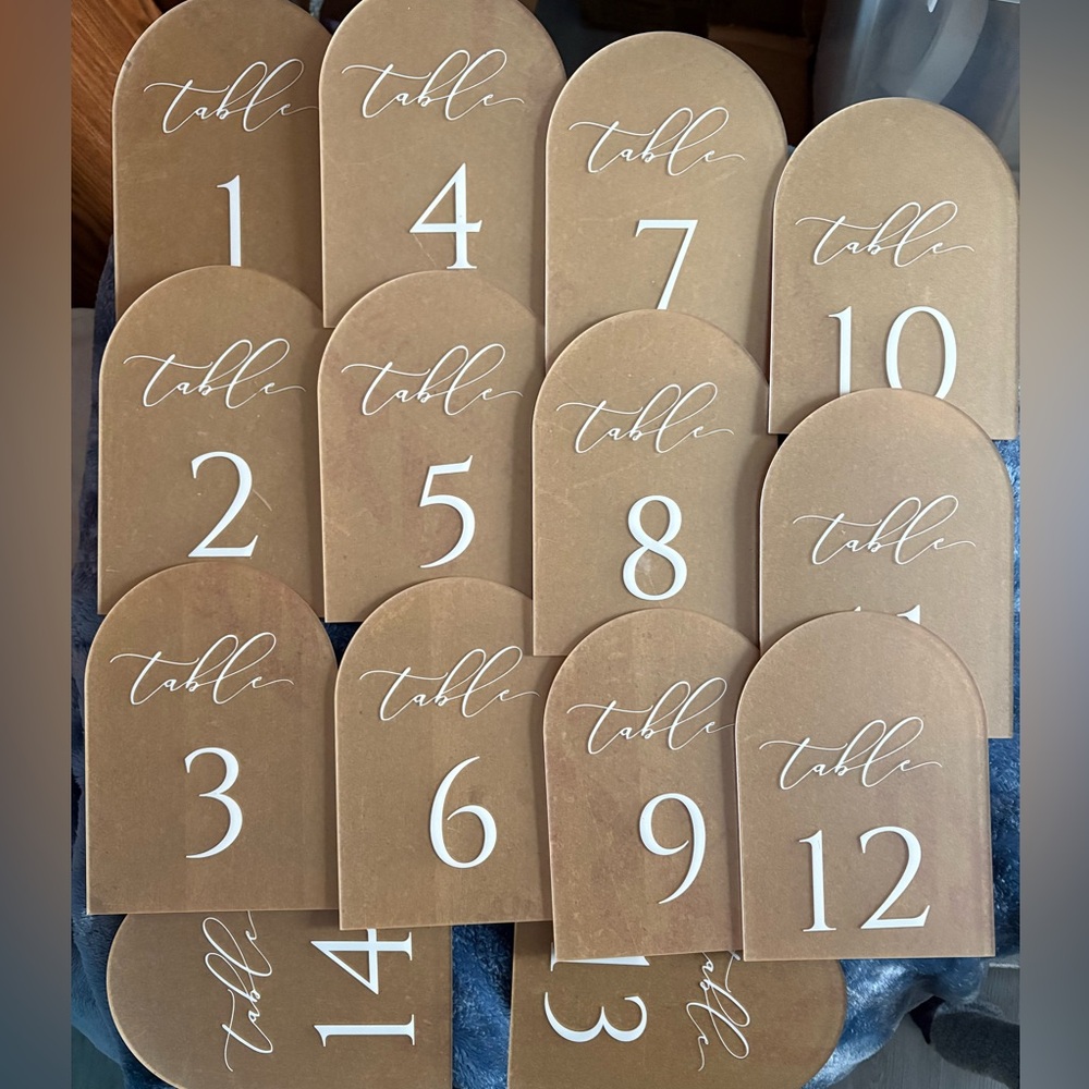 Acrylic Arched Table Number Signs Set - White Script Numbers
